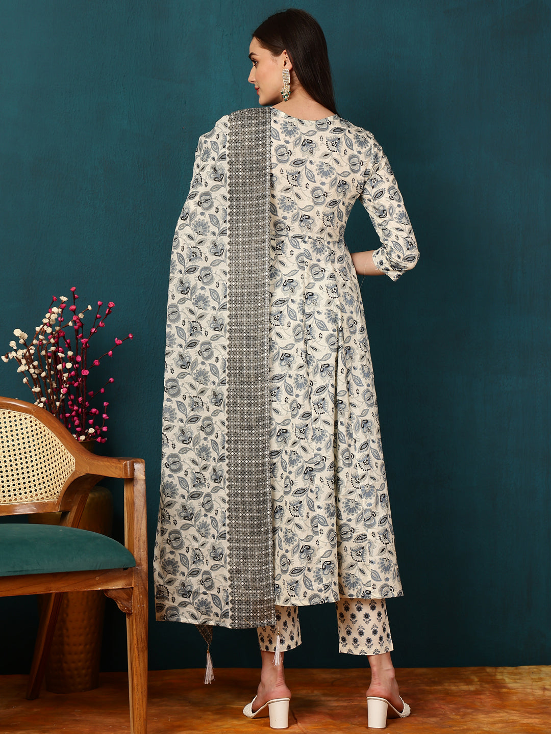 Cotton Calf Length Printed Flared 3/4 Sleeves Round Neck Kurta Bottom Dupatta Set (Preorder)