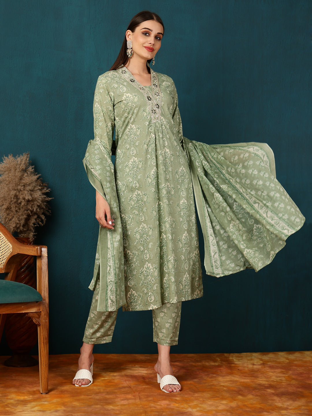 Rayon Calf Length Printed Straight 3/4 Sleeves Round Neck Kurta Bottom Dupatta Set