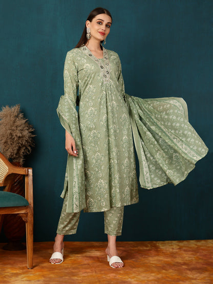 Rayon Calf Length Printed Straight 3/4 Sleeves Round Neck Kurta Bottom Dupatta Set