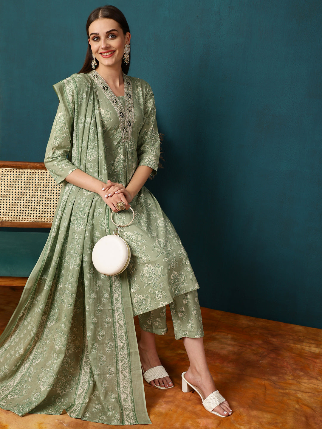 Rayon Calf Length Printed Straight 3/4 Sleeves Round Neck Kurta Bottom Dupatta Set (Preorder)