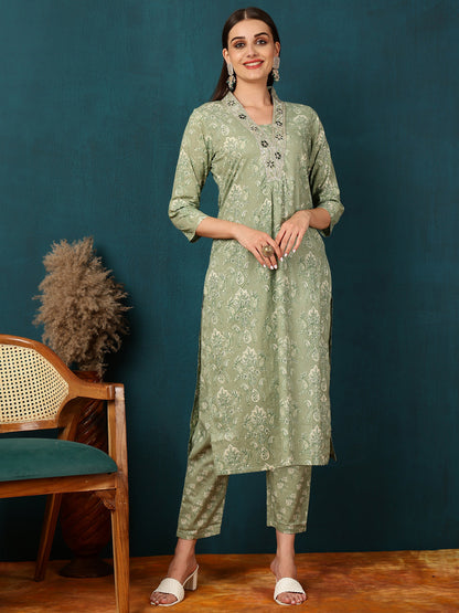 Rayon Calf Length Printed Straight 3/4 Sleeves Round Neck Kurta Bottom Dupatta Set (Preorder)