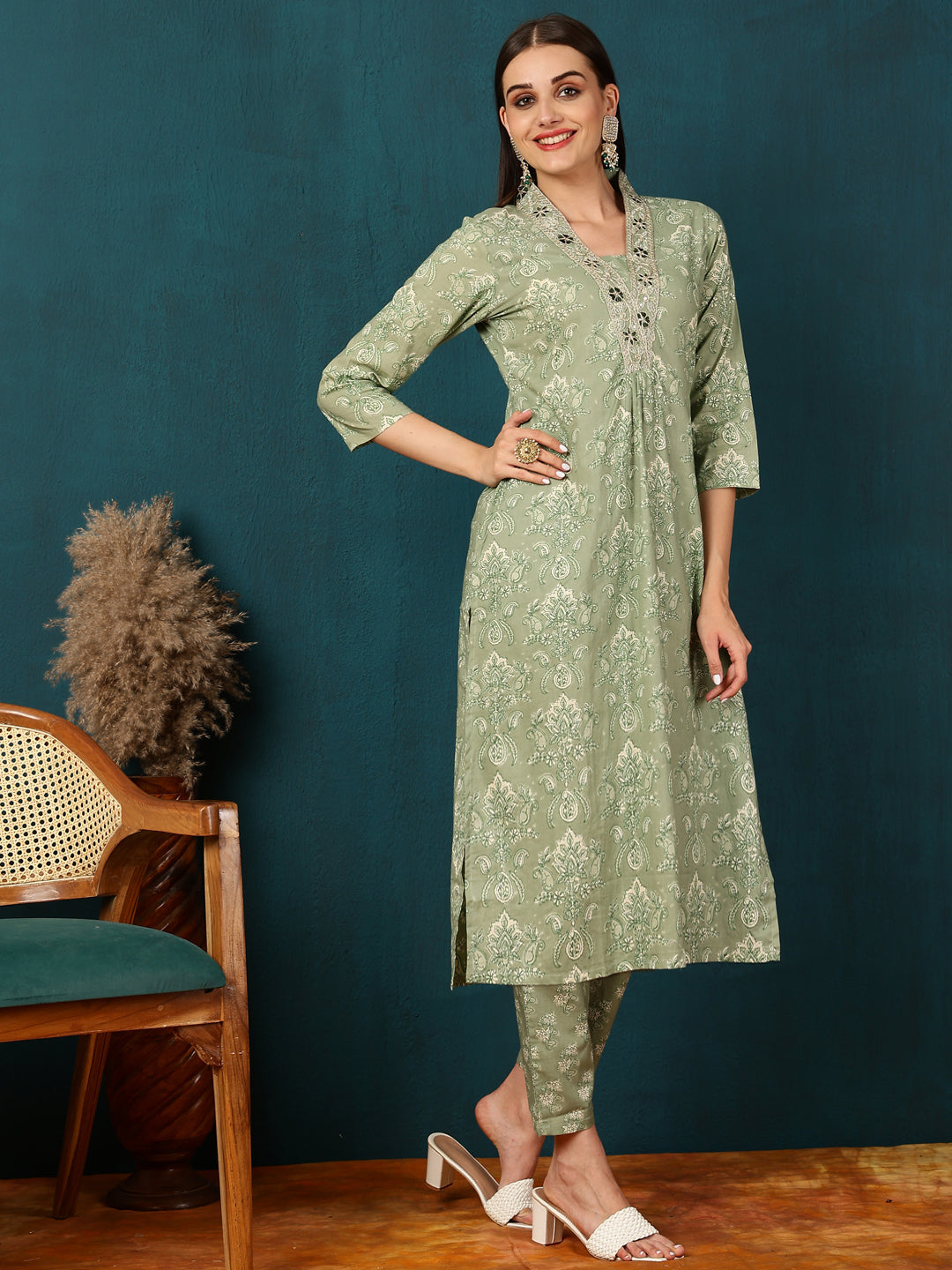 Rayon Calf Length Printed Straight 3/4 Sleeves Round Neck Kurta Bottom Dupatta Set