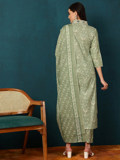 Rayon Calf Length Printed Straight 3/4 Sleeves Round Neck Kurta Bottom Dupatta Set