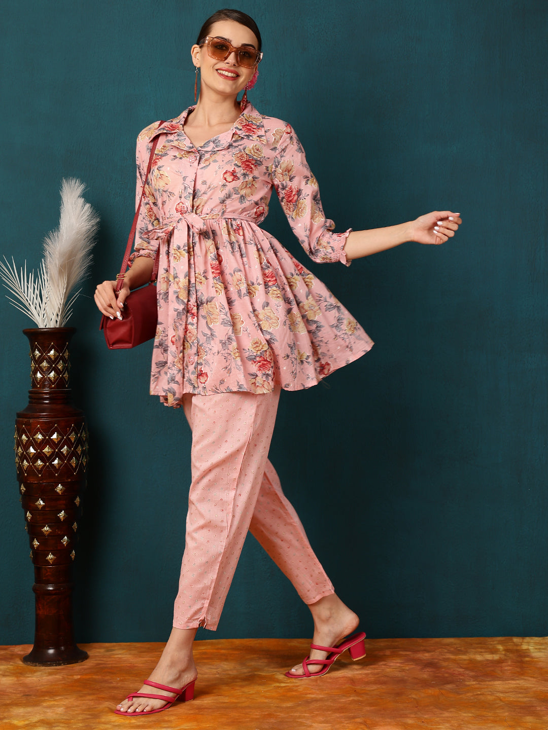 Cotton Short Length Printed Flared 3/4 Sleeves Shirt Coller Kurta (Preorder)