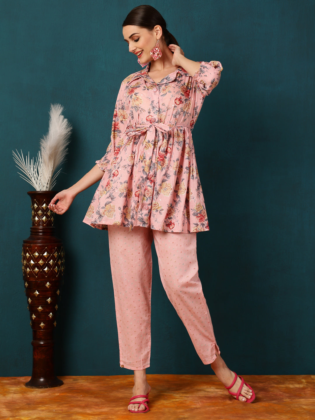 Cotton Short Length Printed Flared 3/4 Sleeves Shirt Coller Kurta