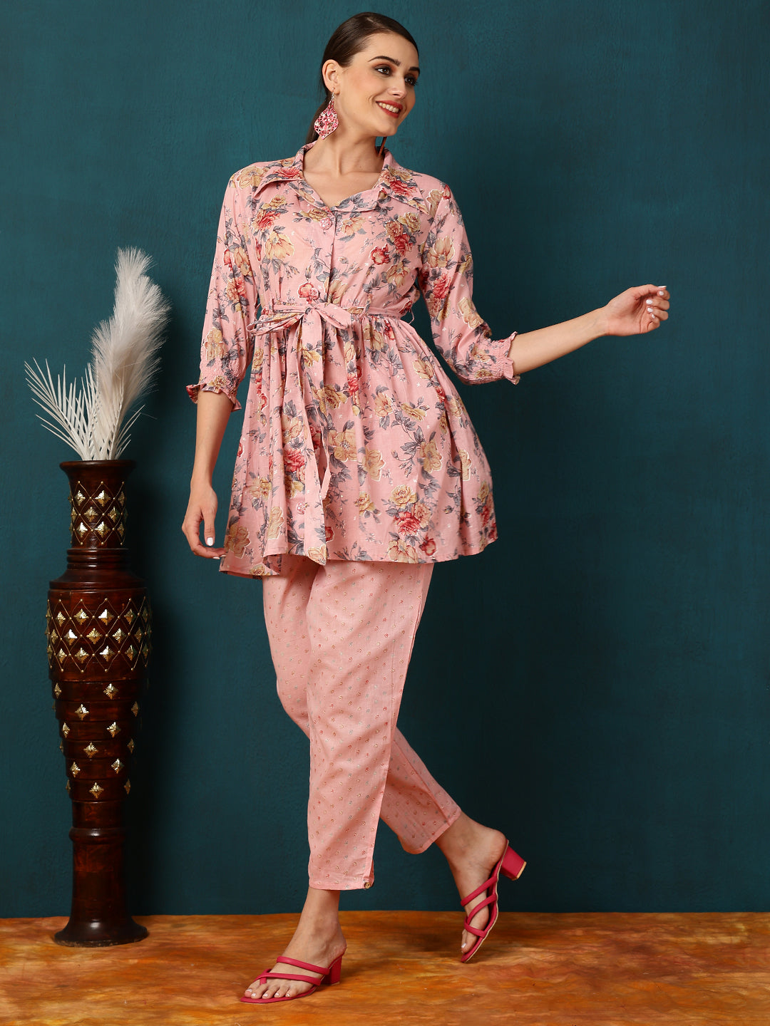 Cotton Short Length Printed Flared 3/4 Sleeves Shirt Coller Kurta (Preorder)