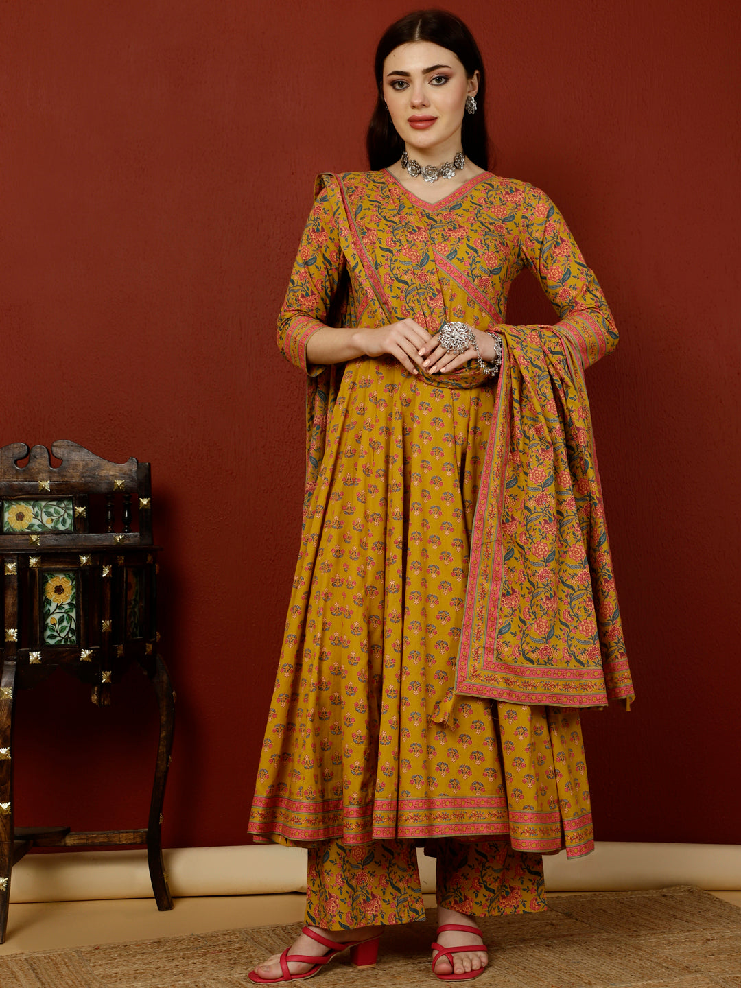 Calf Length Semi-Flared 3/4 Sleeves V Kurta Bottom Dupatta Set