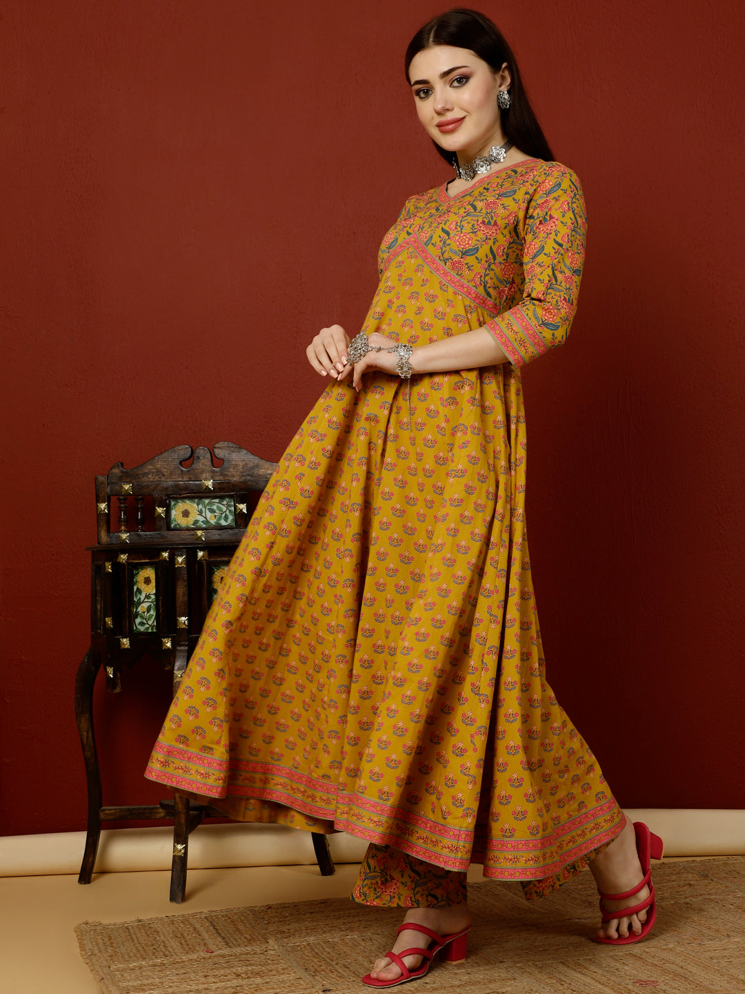 Calf Length Semi-Flared 3/4 Sleeves V Kurta Bottom Dupatta Set