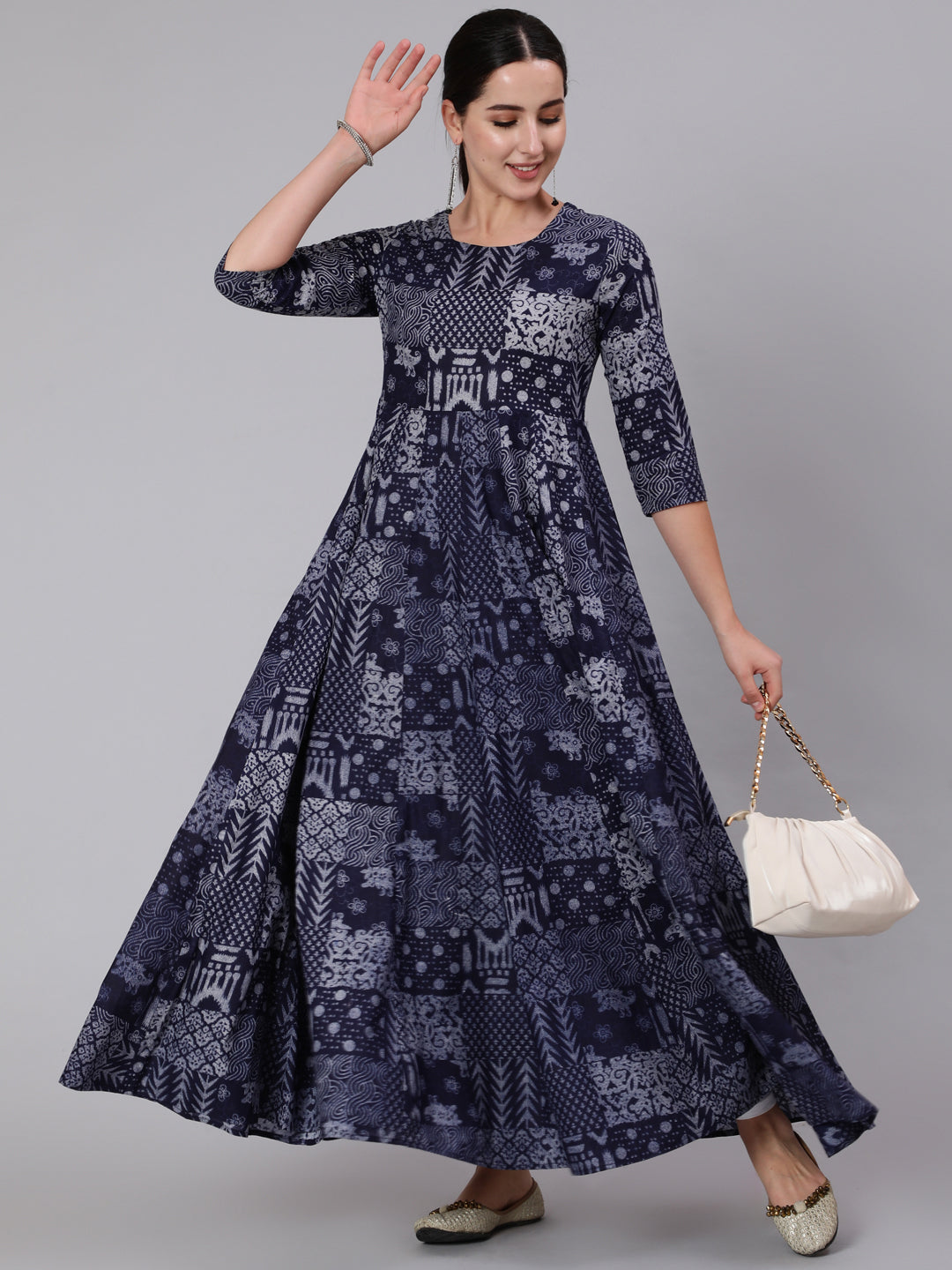 Cotton Ankle Length Printed Flared 3/4 Sleeve Round Neck Kurta (Preorder)