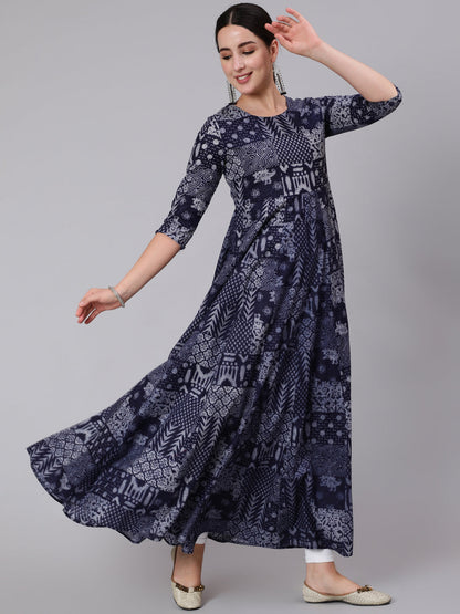 Cotton Ankle Length Printed Flared 3/4 Sleeve Round Neck Kurta (Preorder)