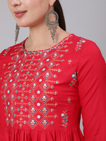 Rayon Calf Length Embroidered A-line 3/4 Sleeve Round Neck Kurta (Preorder)