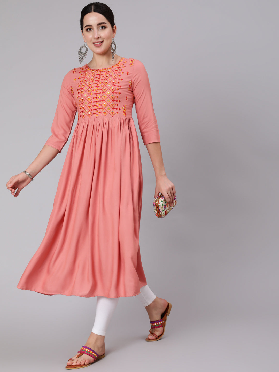 Rayon Calf Length Embroidered A-line 3/4 Sleeve Round Neck Kurta (Preorder)