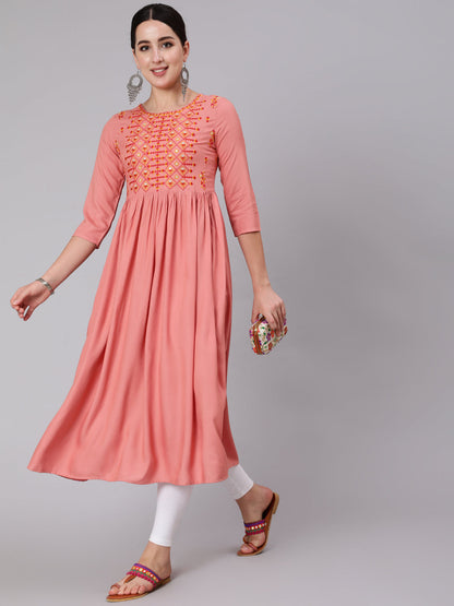 Rayon Calf Length Embroidered A-line 3/4 Sleeve Round Neck Kurta (Preorder)