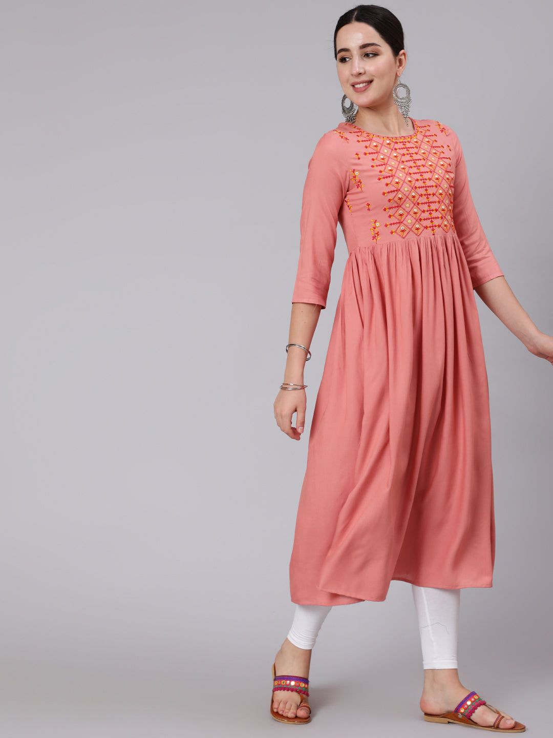 Rayon Calf Length Embroidered A-line 3/4 Sleeve Round Neck Kurta (Preorder)
