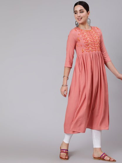 Rayon Calf Length Embroidered A-line 3/4 Sleeve Round Neck Kurta (Preorder)