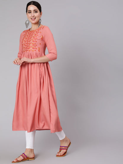 Rayon Calf Length Embroidered A-line 3/4 Sleeve Round Neck Kurta (Preorder)