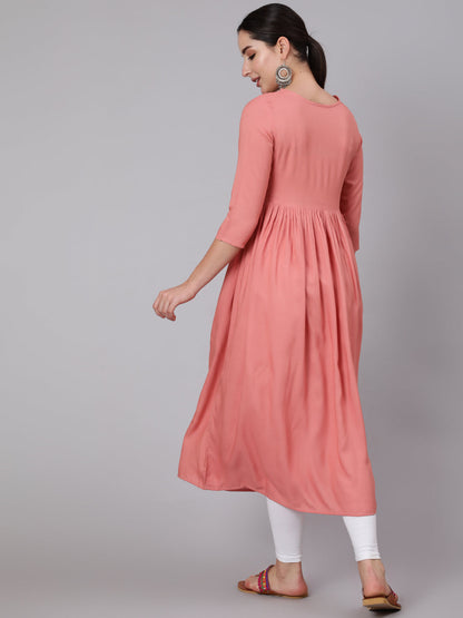 Rayon Calf Length Embroidered A-line 3/4 Sleeve Round Neck Kurta (Preorder)