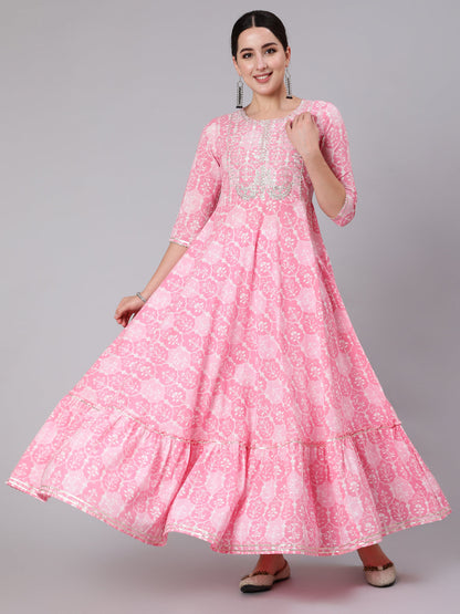 Cotton Ankle Length Sequence Flared 3/4 Sleeve Round Neck Kurta (Preorder)