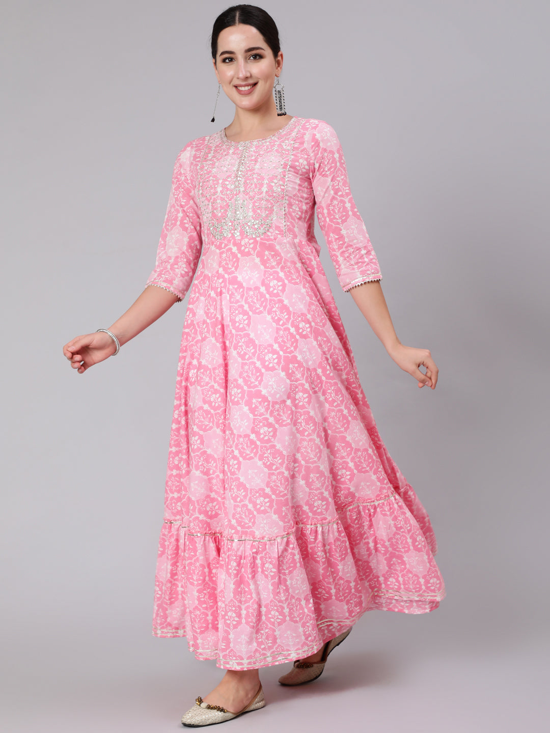 Cotton Ankle Length Sequence Flared 3/4 Sleeve Round Neck Kurta (Preorder)