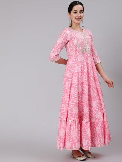 Cotton Ankle Length Sequence Flared 3/4 Sleeve Round Neck Kurta (Preorder)