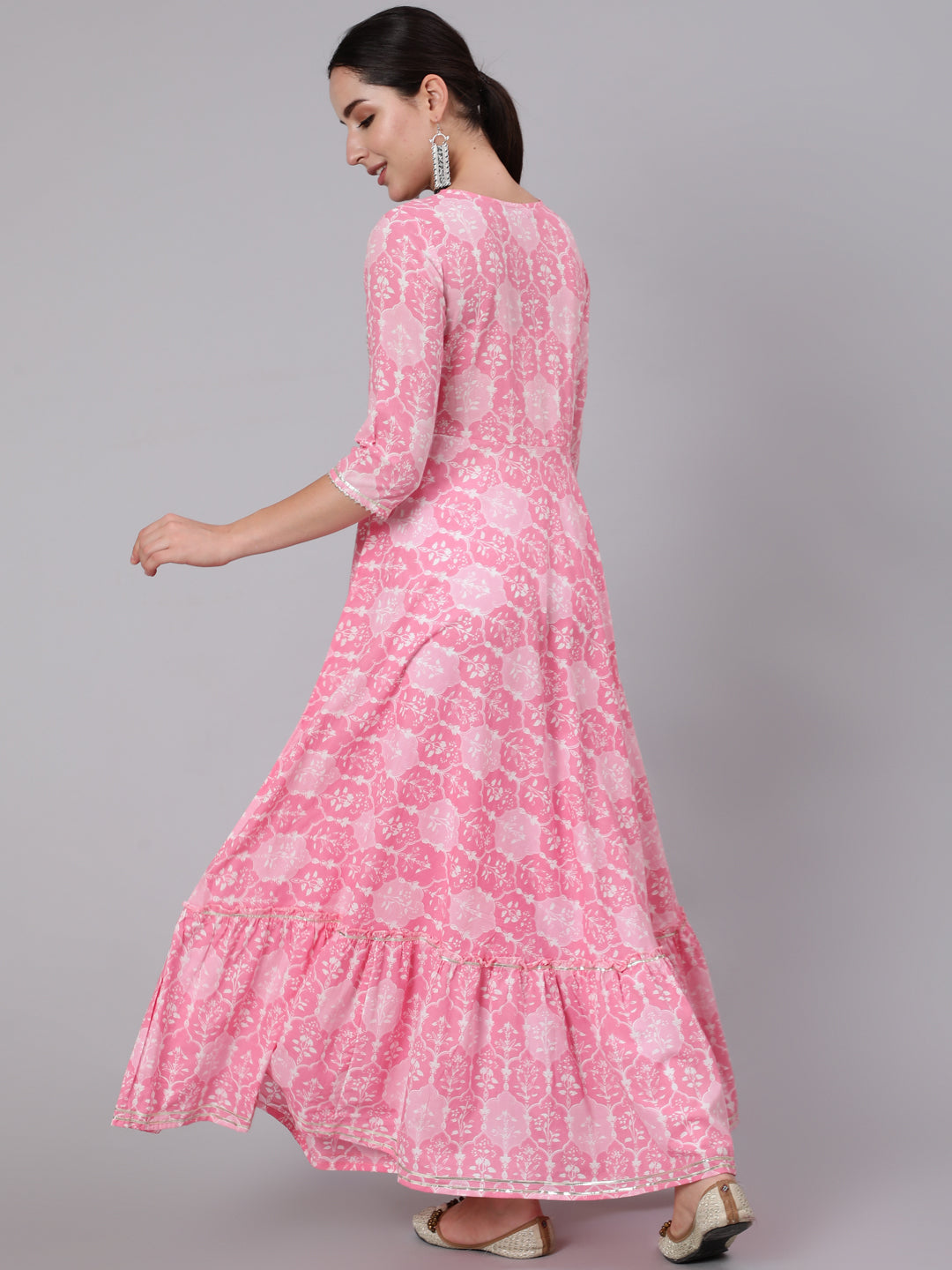 Cotton Ankle Length Sequence Flared 3/4 Sleeve Round Neck Kurta (Preorder)