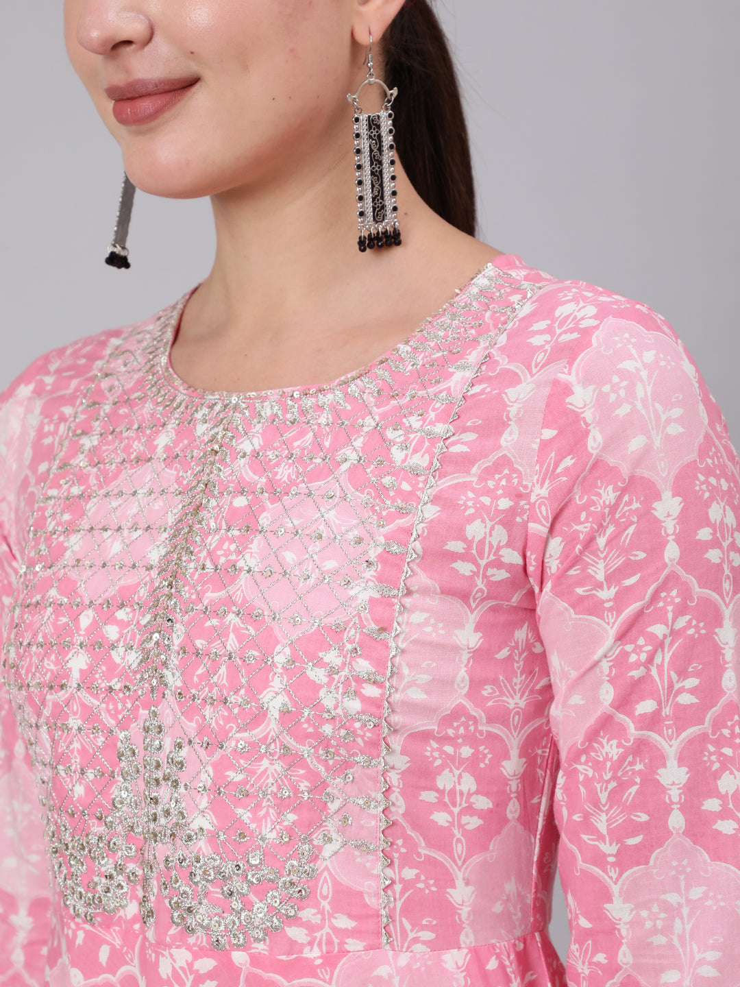 Cotton Ankle Length Sequence Flared 3/4 Sleeve Round Neck Kurta (Preorder)