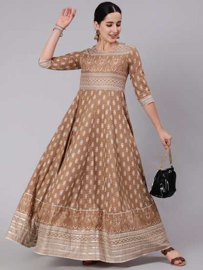 Cotton Full Length Printed Flared 3/4 Sleeve Round Neck Kurta (Preorder)