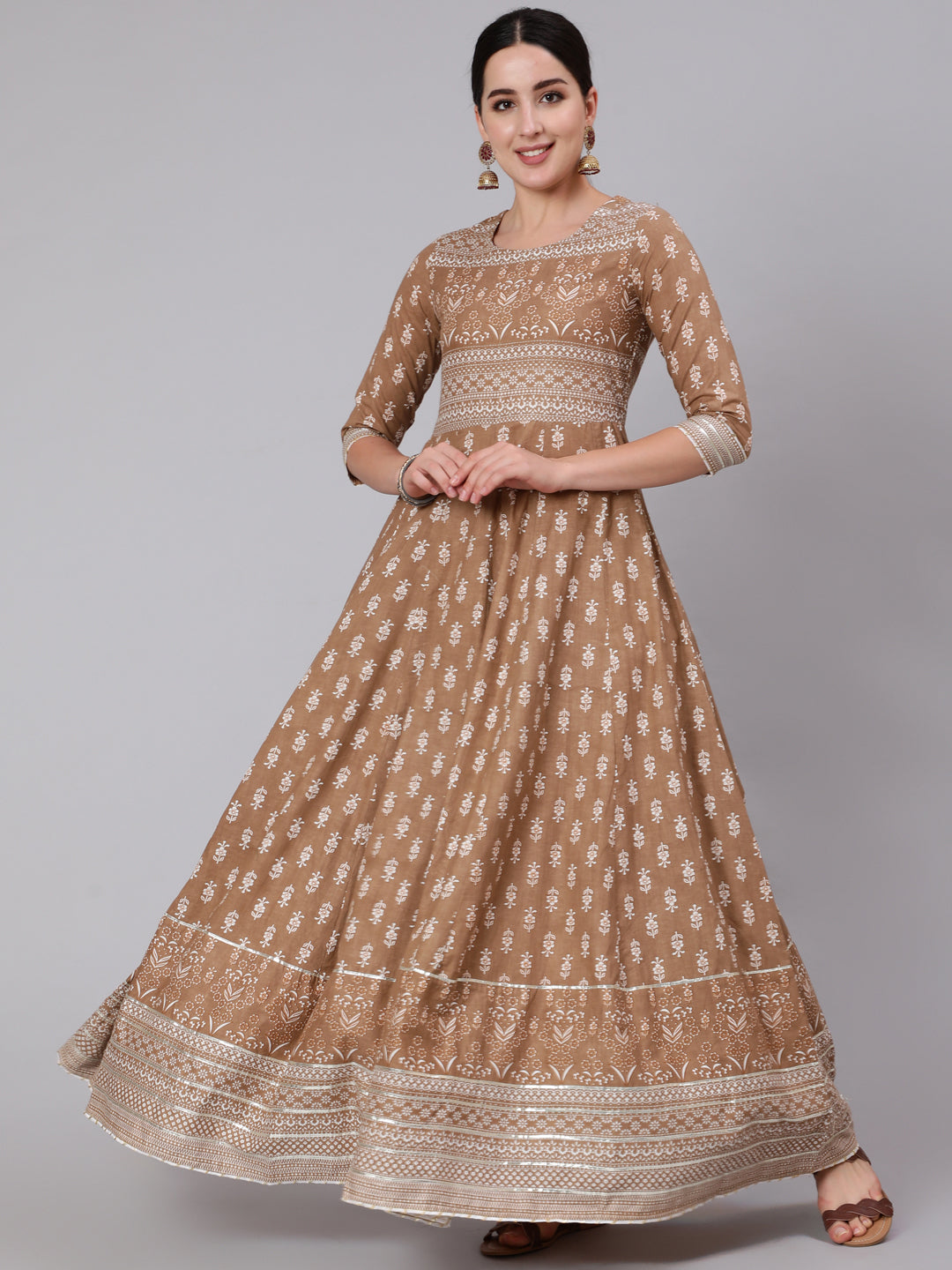 Cotton Full Length Printed Flared 3/4 Sleeve Round Neck Kurta (Preorder)