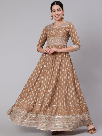 Cotton Full Length Printed Flared 3/4 Sleeve Round Neck Kurta (Preorder)