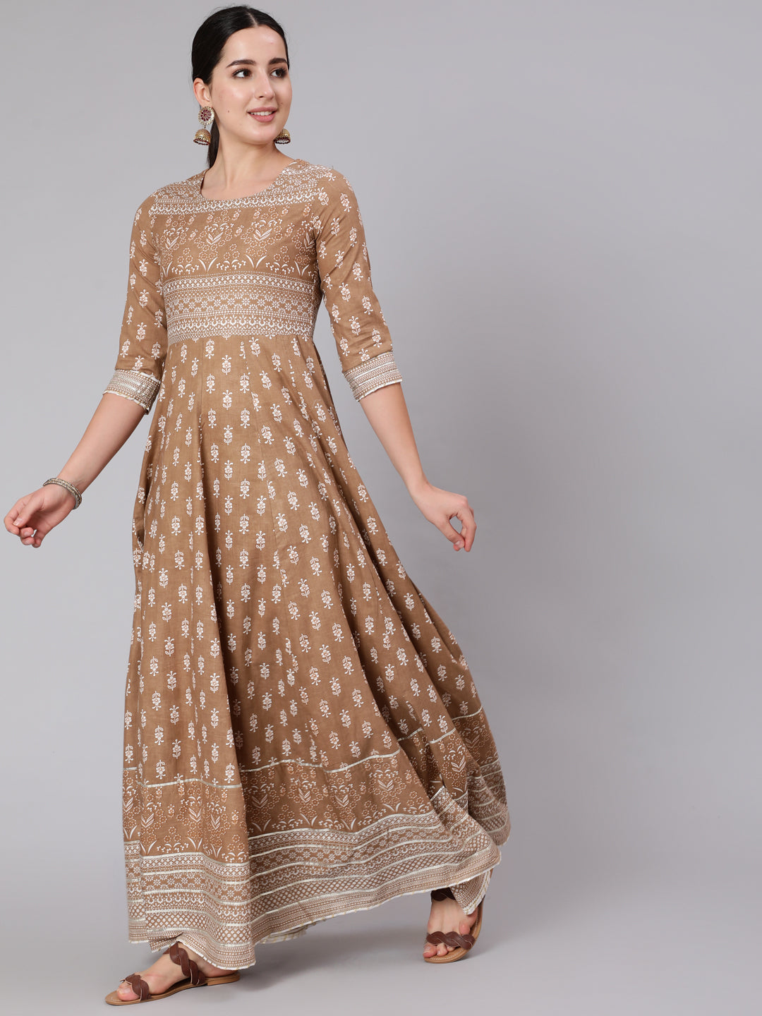 Cotton Full Length Printed Flared 3/4 Sleeve Round Neck Kurta (Preorder)