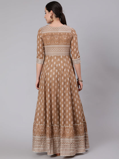 Cotton Full Length Printed Flared 3/4 Sleeve Round Neck Kurta (Preorder)