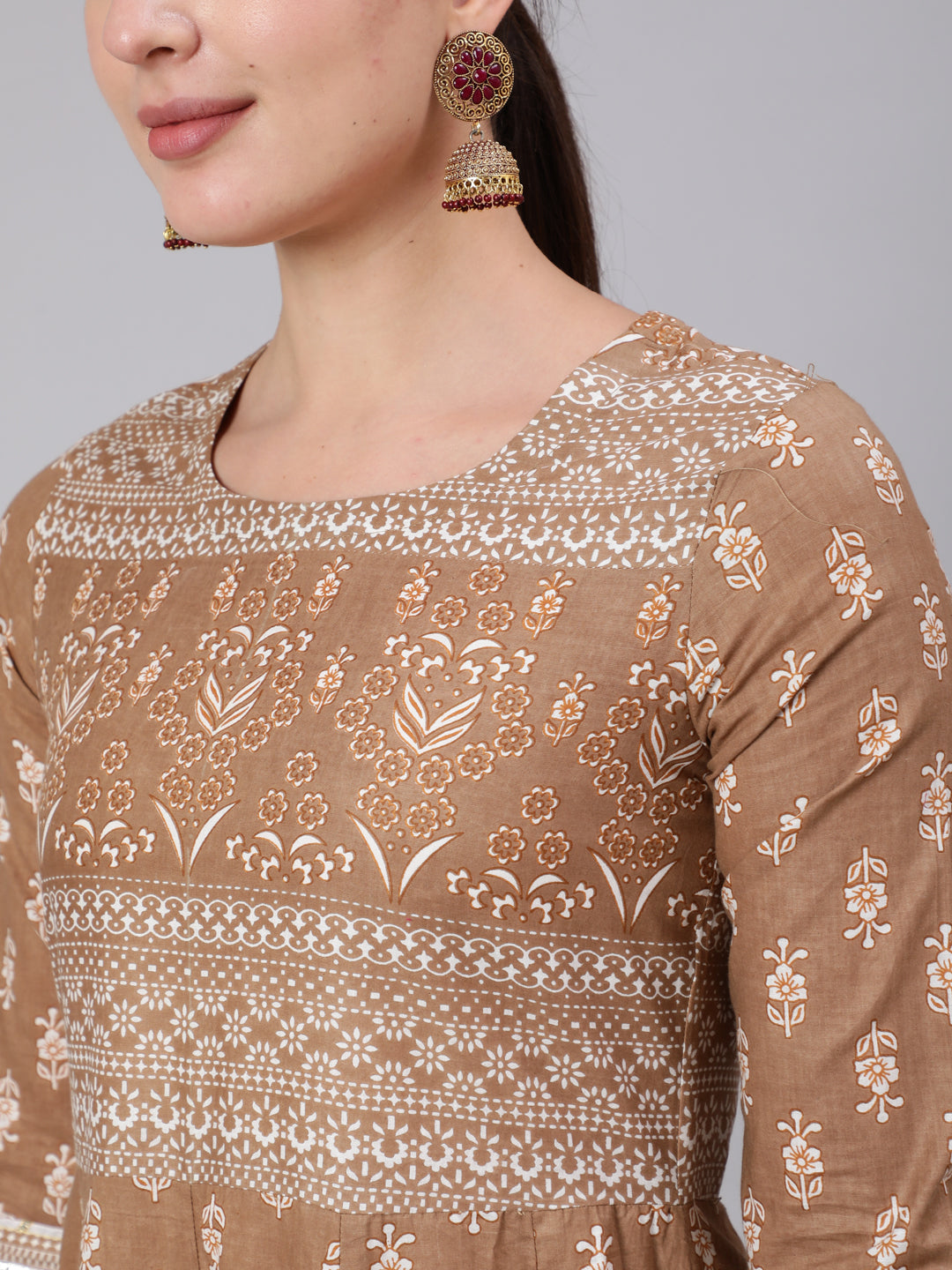 Cotton Full Length Printed Flared 3/4 Sleeve Round Neck Kurta (Preorder)