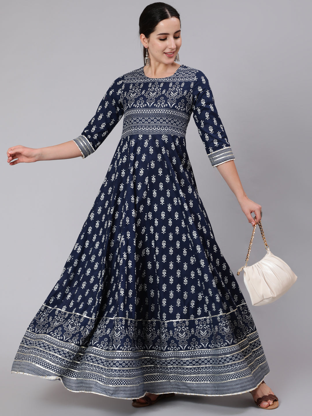 Cotton Full Length Printed Flared 3/4 Sleeve Round Neck Kurta (Preorder)