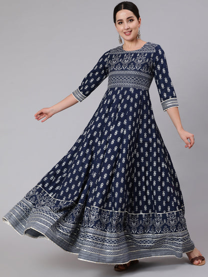Cotton Full Length Printed Flared 3/4 Sleeve Round Neck Kurta (Preorder)