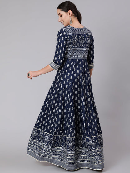 Cotton Full Length Printed Flared 3/4 Sleeve Round Neck Kurta (Preorder)
