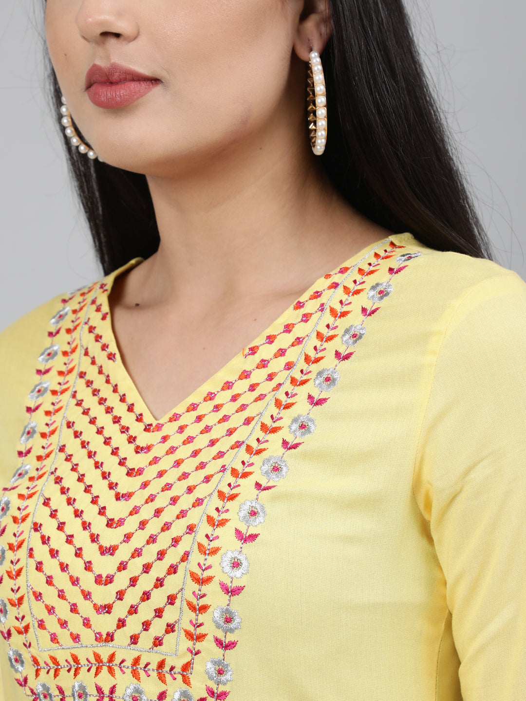 Rayon Calf Length Embroidered Straight 3/4 Sleeve Round Neck Kurta (Preorder)