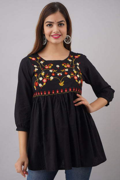 Embroidered Rayon 3/4 Sleeves Regular Top (Preorder)