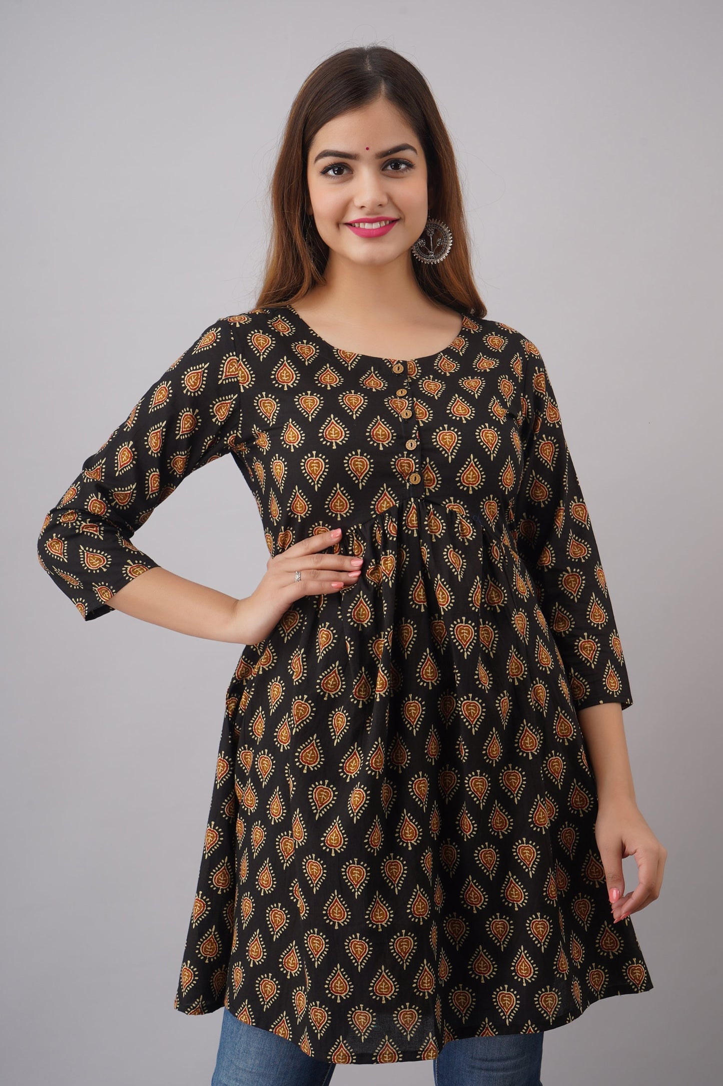 Cotton Short Length Printed  Flared 3/4 Sleeves Round Neck Top (Preorder)