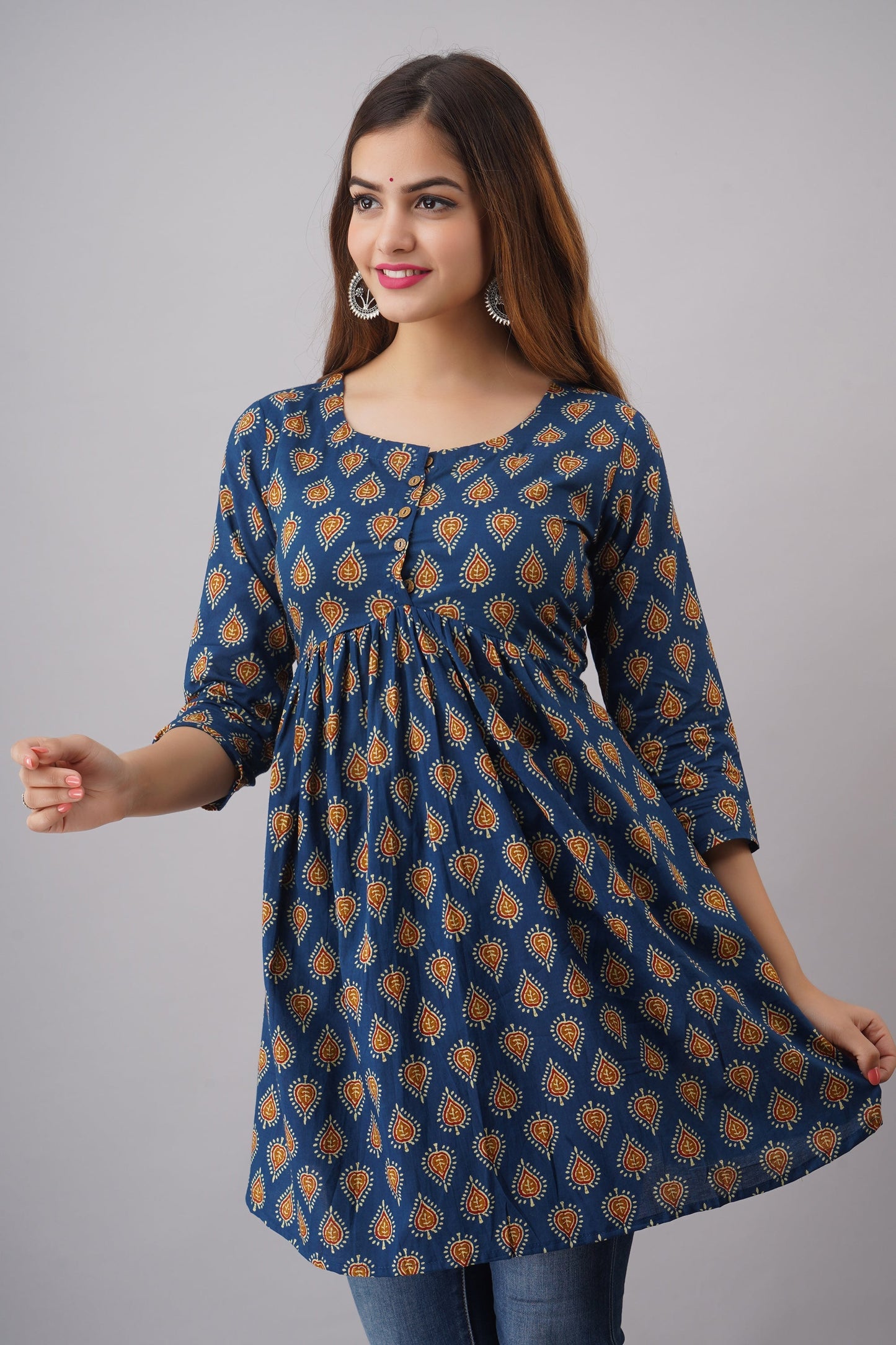 Cotton Short Length Printed  Flared 3/4 Sleeves Round Neck Top (Preorder)