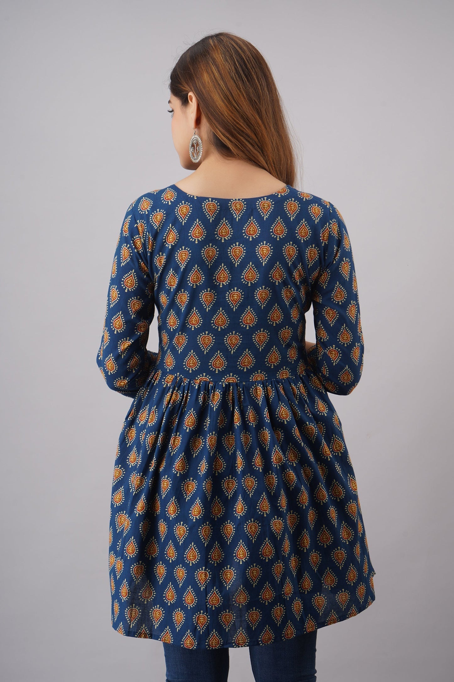 Cotton Short Length Printed  Flared 3/4 Sleeves Round Neck Top (Preorder)