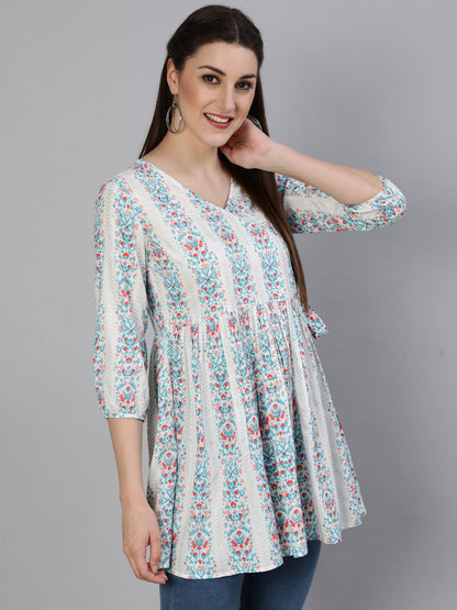 Rayon Printed Flared 3/4 Sleeve Round Neck Short Top (Preorder)