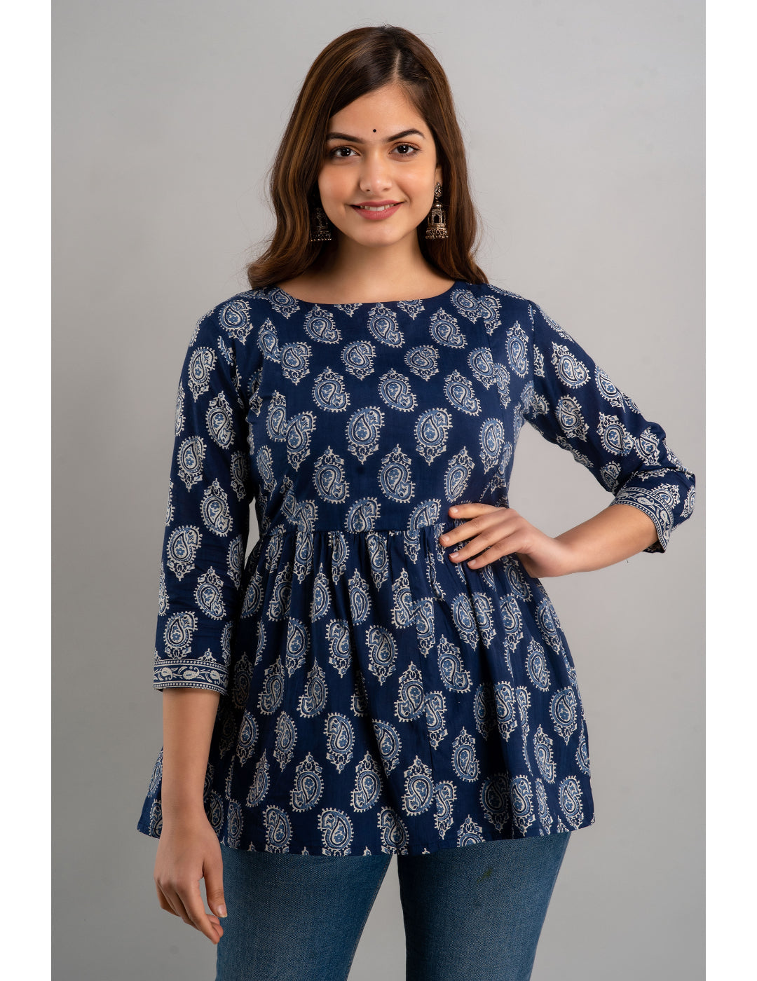 Cotton Printed 3/4 Sleeve Flared Round Neck Top (Preorder)