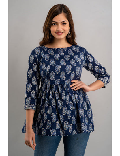 Cotton Printed 3/4 Sleeve Flared Round Neck Top (Preorder)