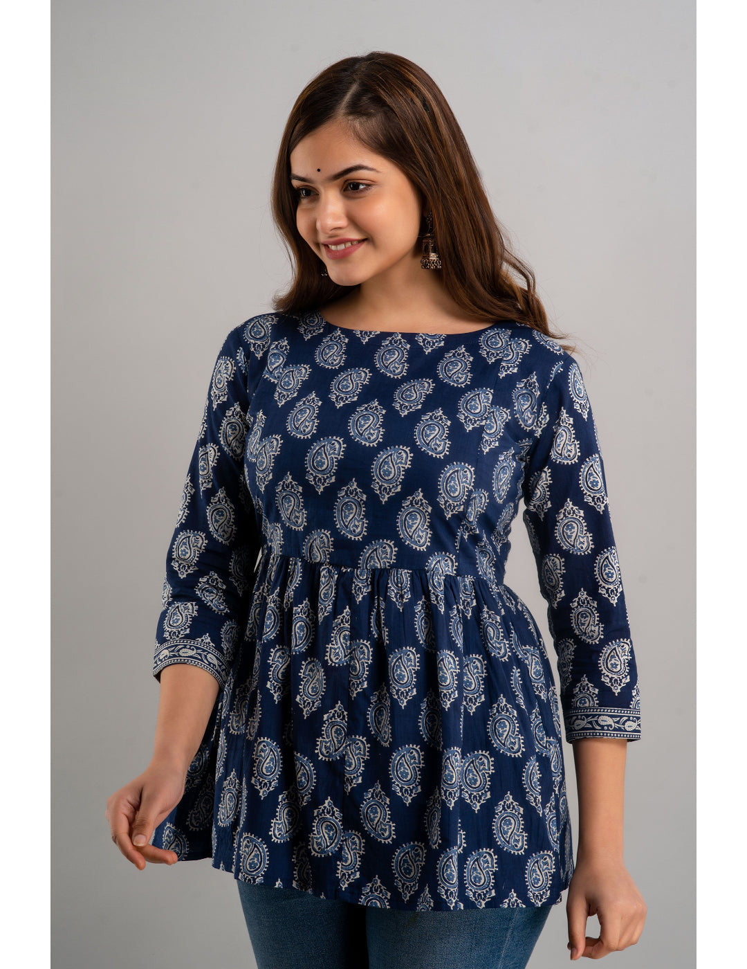 Cotton Printed 3/4 Sleeve Flared Round Neck Top (Preorder)