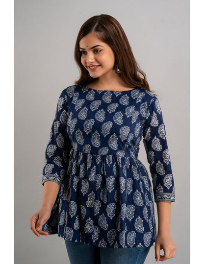 Cotton Printed 3/4 Sleeve Flared Round Neck Top (Preorder)