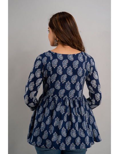 Cotton Printed 3/4 Sleeve Flared Round Neck Top (Preorder)