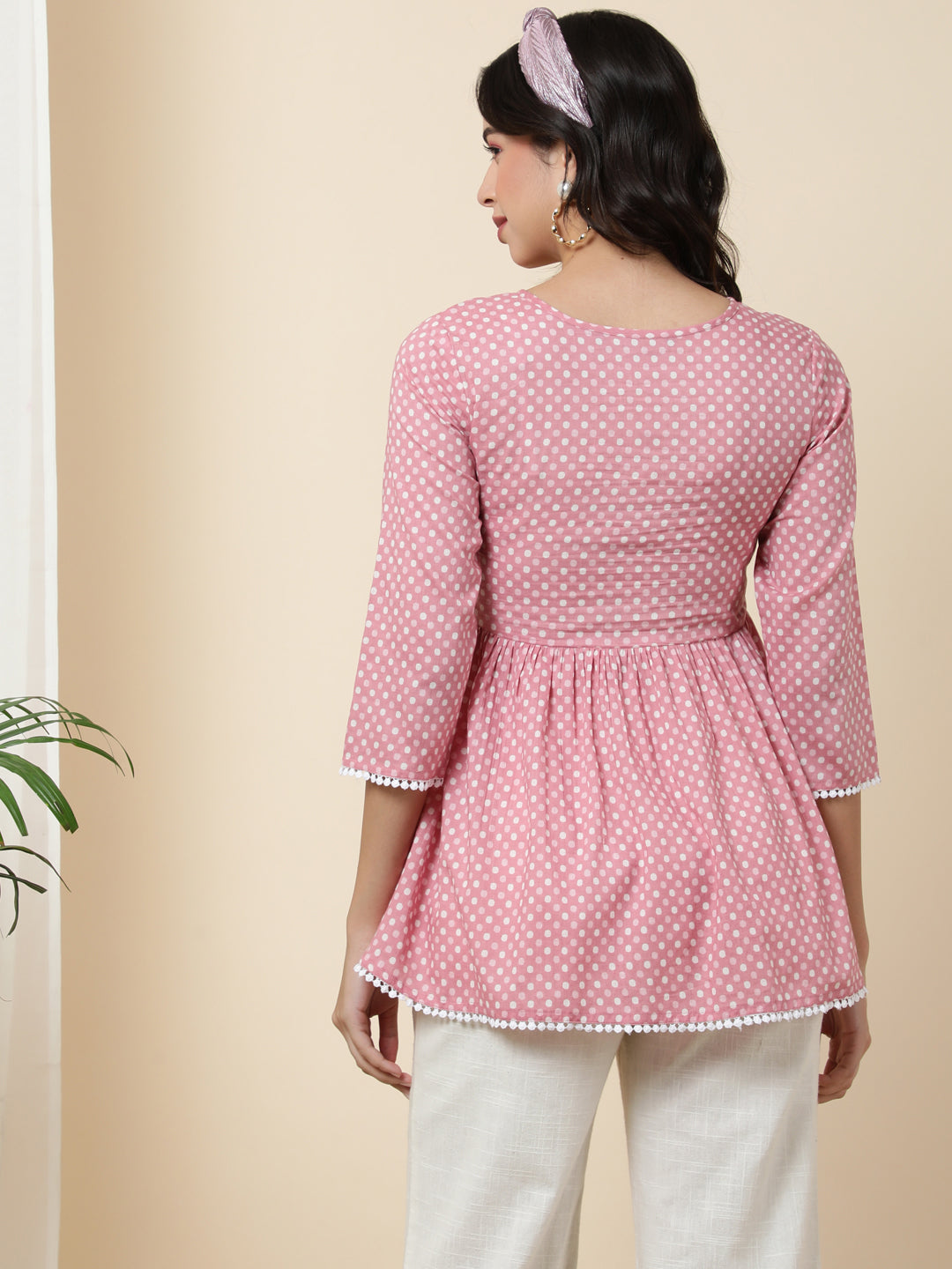 Cotton  Short Length Length Printed  3/4 Sleeve Round  Top (Preorder)