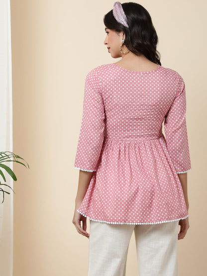 Cotton  Short Length Length Printed  3/4 Sleeve Round  Top (Preorder)