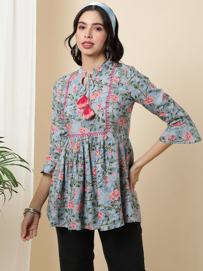 Rayon  Short Length Length Printed  3/4 Sleeve Mandarin  Top (Preorder)
