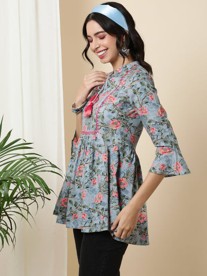 Rayon  Short Length Length Printed  3/4 Sleeve Mandarin  Top (Preorder)